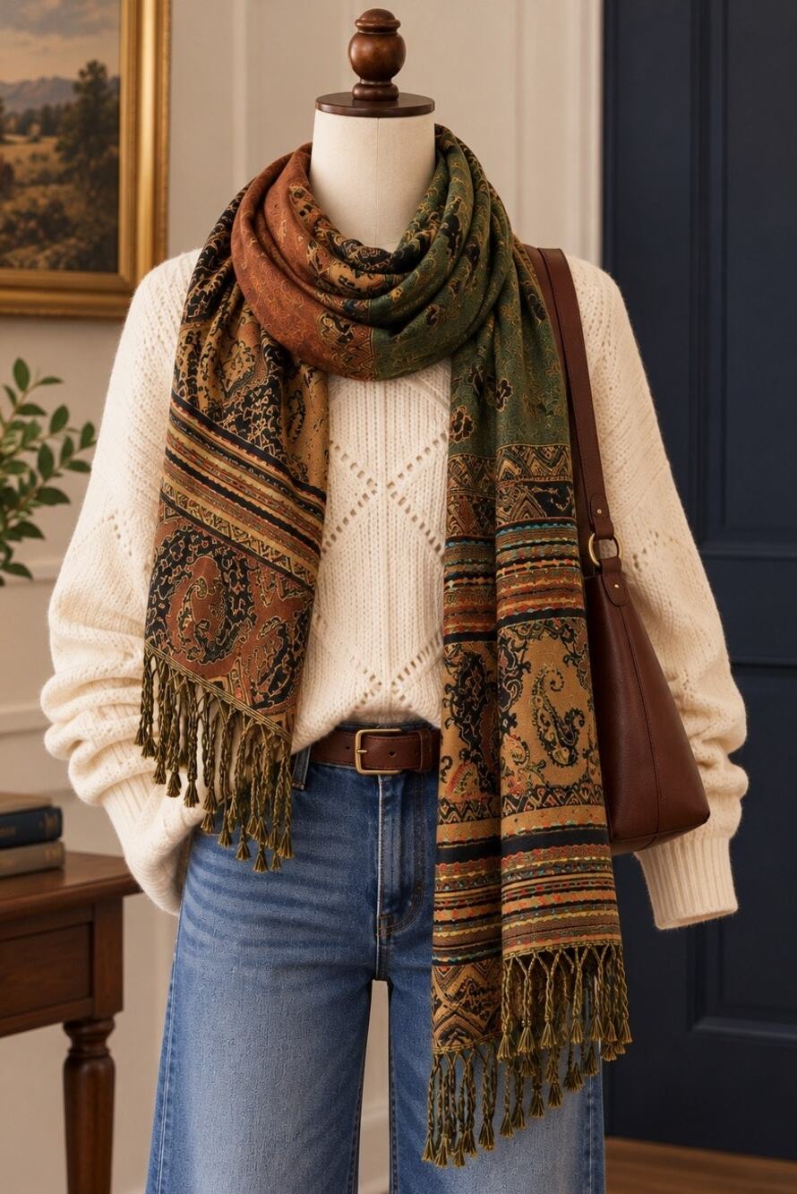 KA-CASHMERE 100% Cashmere Paisley Stole Wide Scarf Fringe Wrap (70x25) MINT